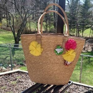 Betsey Johnson Straw Tote with Colorful Pom Poms